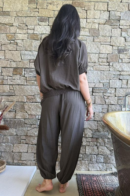 Basso Button Drape Cap Sleeve Shirt Chocolate